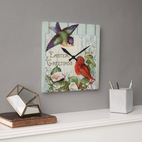 Easter Greetings Vintage Retro Songbirds Square Wall Clock