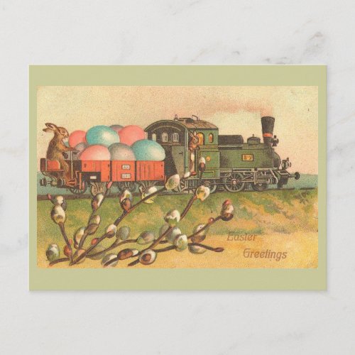 Easter Greetings With Egg Train Vintage Holiday Postcard