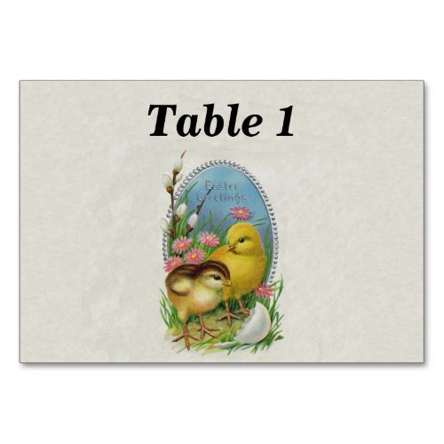 Easter Greetings Yellow Baby Chicks Egg Flowers Table Number