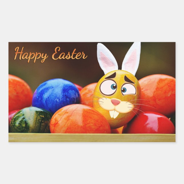 Easter - "Happy Easter" - Bunny/Eggs Rectangular Sticker (Front)