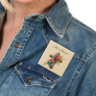 Easter “He is Risen” Floral Cross Button