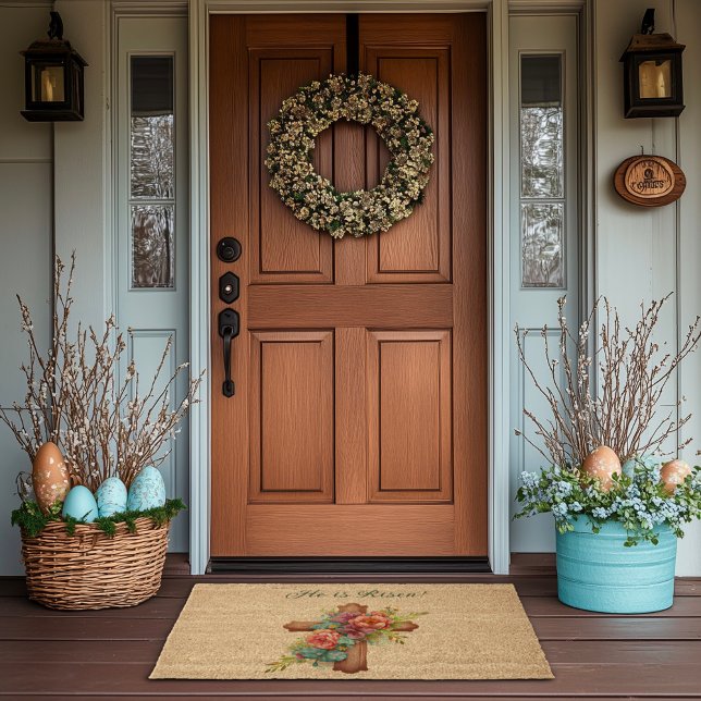 Easter “He is Risen” Floral Cross Fiber Doormat (Creator Uploaded)