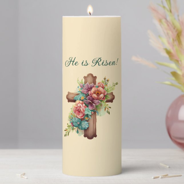 Easter “He is Risen” Floral Cross  Pillar Candle (In Situ)