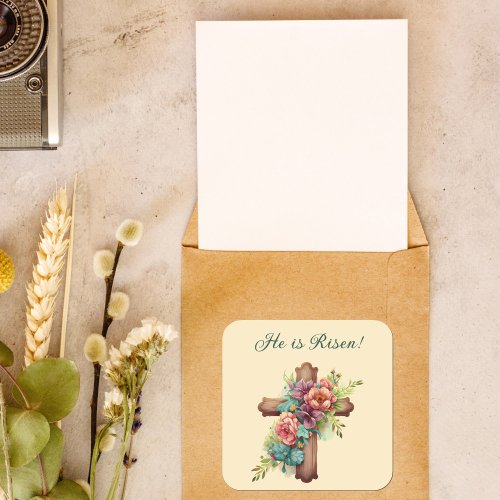 Easter He is Risen Floral Cross Square Sticker
