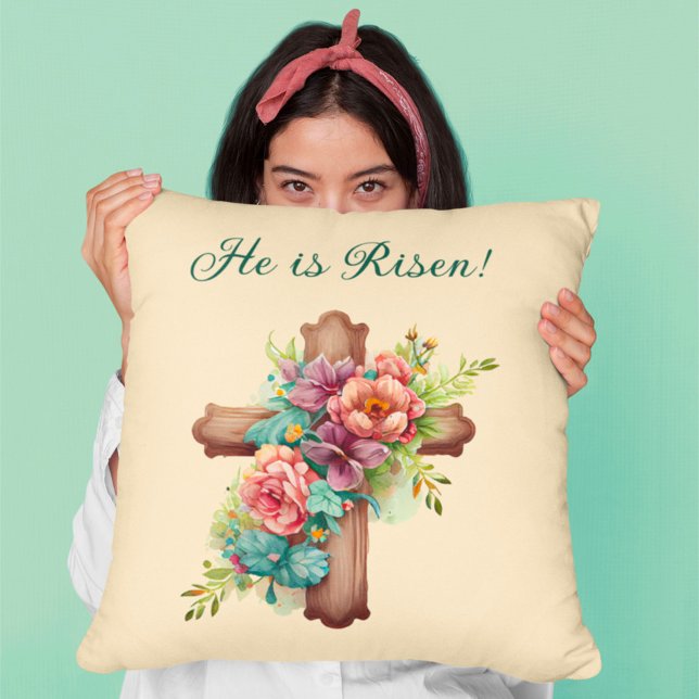 Easter “He is Risen” Floral Cross Throw Pillow (Creator Uploaded)
