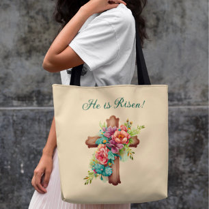 Easter “He is Risen” Floral Cross Tote Bag