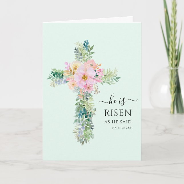 Easter He is Risen Greenery Watercolor Cross Holiday Card (Front)