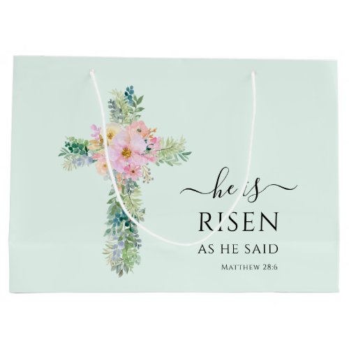 Easter He is Risen Greenery Watercolor Cross Large Gift Bag
