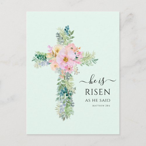 Easter He is Risen Greenery Watercolor Cross Postcard