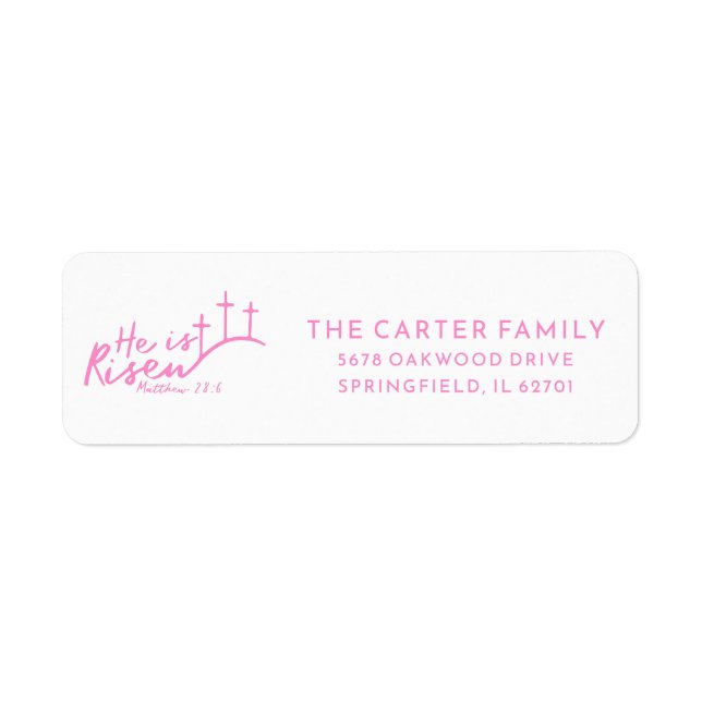 Easter He is Risen Minimal Cross Religious Pink Label (Front)