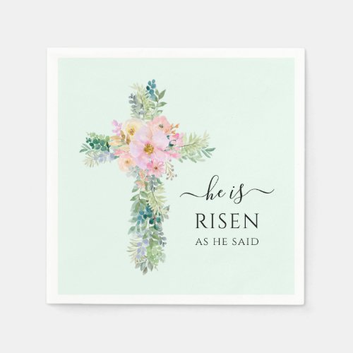 Easter He is Risen Mint Green Watercolor Cross Napkins