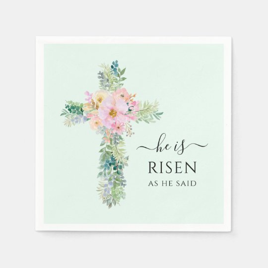 Easter He is Risen Mint Green Watercolor Cross Napkins