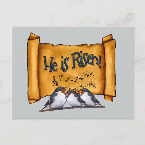 Easter He Is Risen Old Scroll Singing Birds Art Holiday Postcard