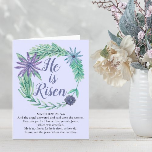 Easter He is Risen Purple Religious Matthew Verse Holiday Card