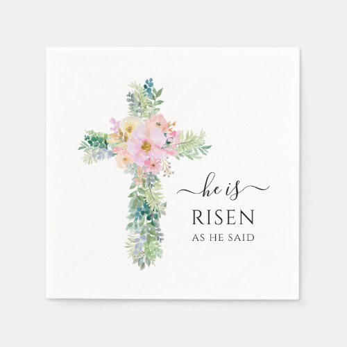 Easter He is Risen Watercolor Greenery Cross Napkins