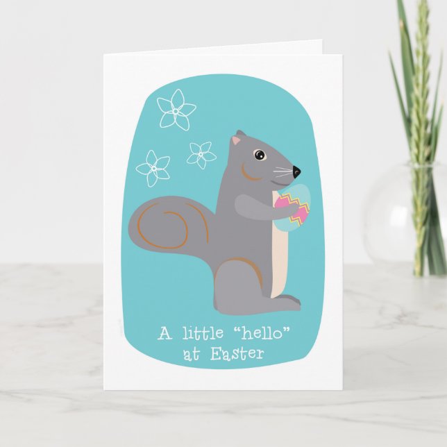 Easter Hello Cute Gray Squirrel with Egg Holiday Card (Front)