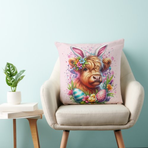 Easter Highland Cow Throw Pillow