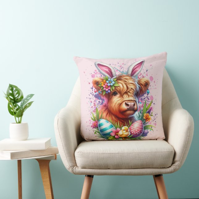 Easter Highland Cow Throw Pillow (Chair)