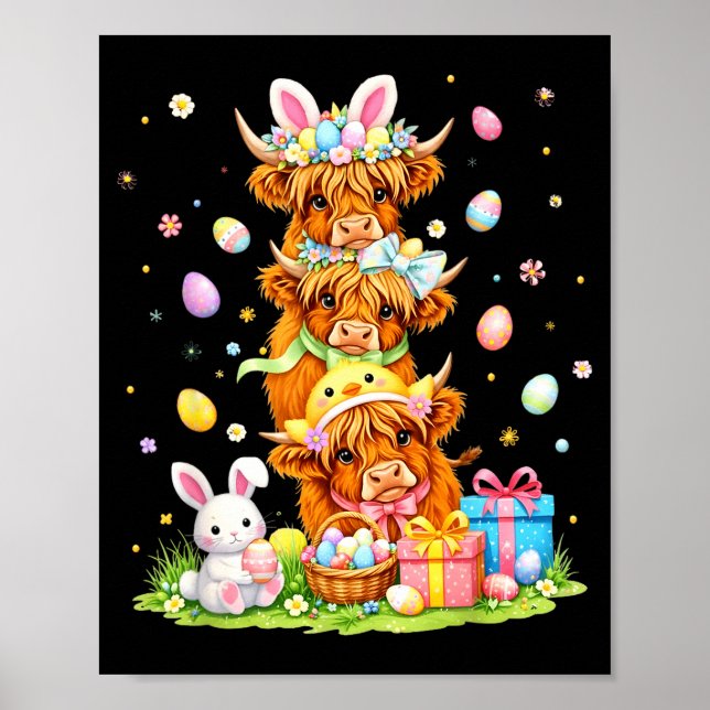Easter highland cows coquette bow bunny eggs easte poster (Front)