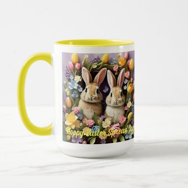 Easter Holiday bunnies Tulips Daffodils Daisies Mug (Left)