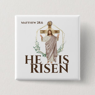 Easter holiday he is risen Jesus wooden cross Button