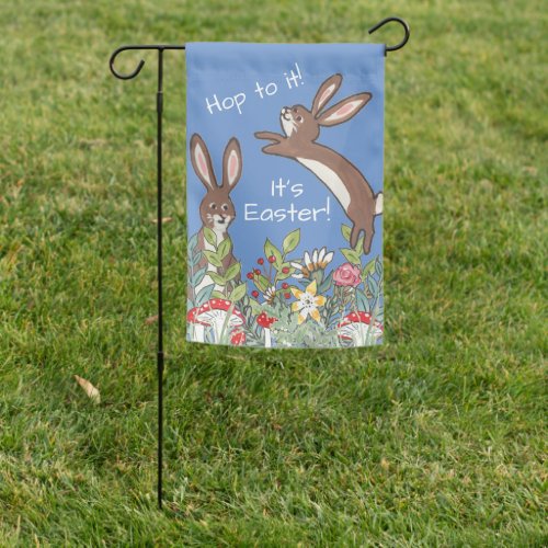 Easter Hop To It Bunny Rabbits Blue  Flowers Fun Garden Flag
