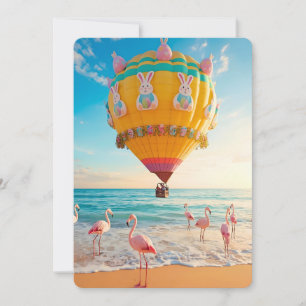 Easter Hot Air Balloon and Flamingos on Beach Holiday Card