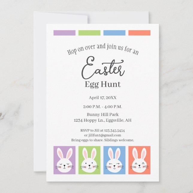 Easter Invitation with bunny squares, egg hunt (Front)