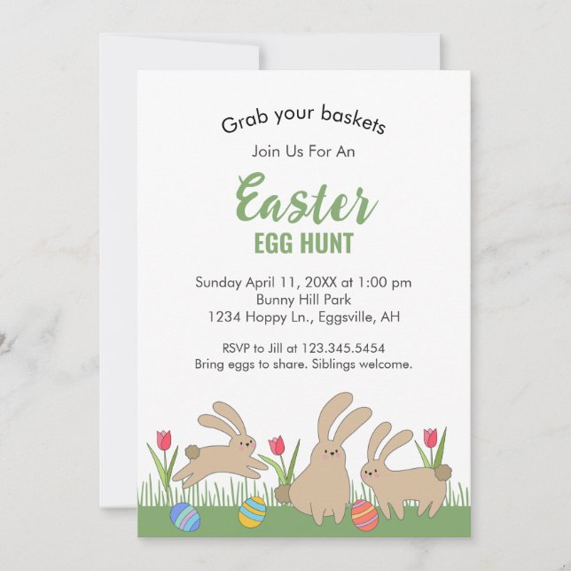 Easter Invitation with fun bunnies Egg Hunt (Front)