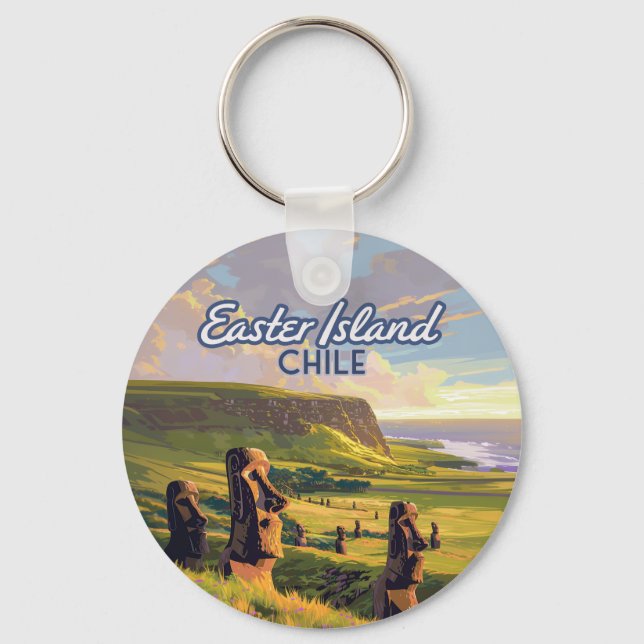 Easter Island Chile Moai Rapa Nui Polynesia Retro Keychain (Front)