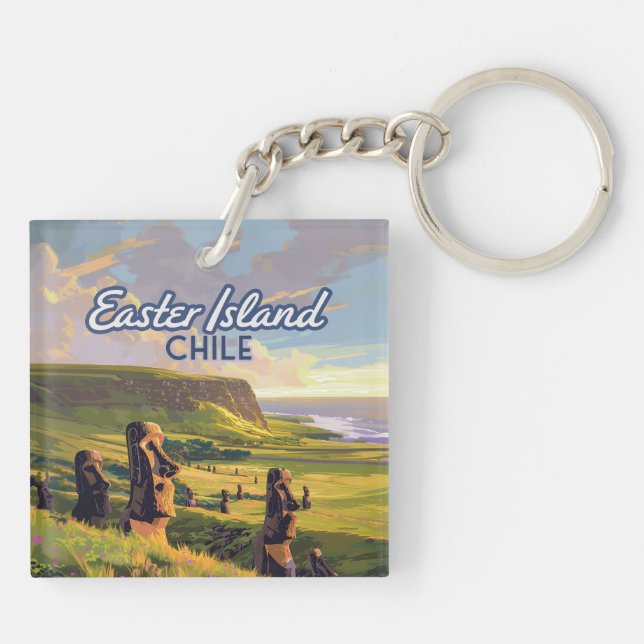 Easter Island Chile Moai Rapa Nui Polynesia Retro Keychain (Back)