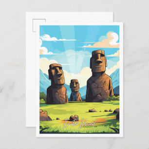 Easter Island Chile Vintage Travel Illustration Postcard