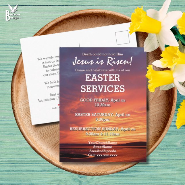 EASTER Jesus is Risen CHURCH SERVICES Customized Invitation Postcard (Sunset scene Easter JESUS IS RISEN Church Services Postcard Invitation to send to local community)