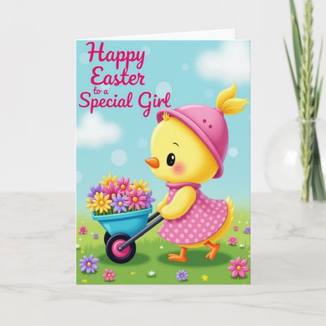 Easter Joy Girl Wheelbarrow Card (Front)