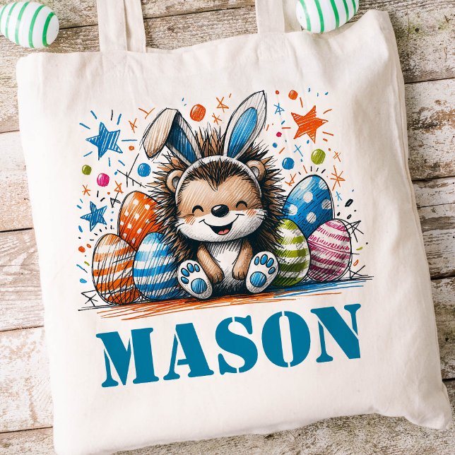 Easter Kids Name Boys Bunny Hedgehog Tote Bag (Boys Easter Tote)