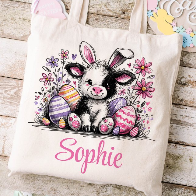 Easter Kids Name Girls Bunny Cow Tote Bag (Cow Girls Easter Tote)