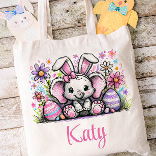 Easter Kids Name Girls Bunny Elephant Tote Bag