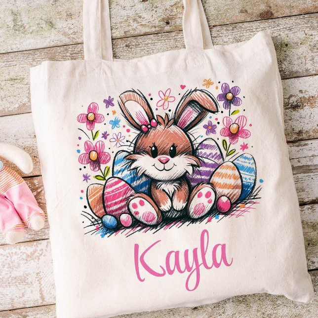  Easter Kids Name Girls Bunny Rabbit Tote Bag (Bunny Girls Easter Tote)