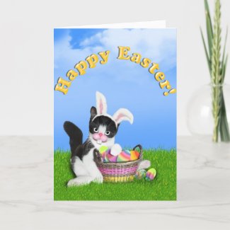 Easter Kitten With Bunny Ears & Basket of Eggs Holiday Card