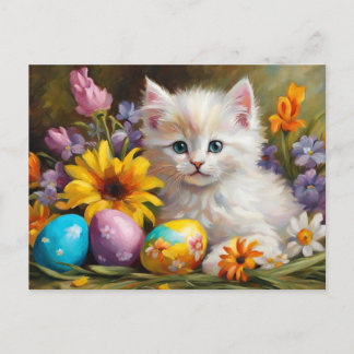 Easter Kitten with Flowers and Painted Eggs  Holiday Postcard