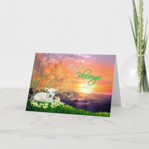 Easter Lamb and Sunrise with Easter Lilies Holiday Card