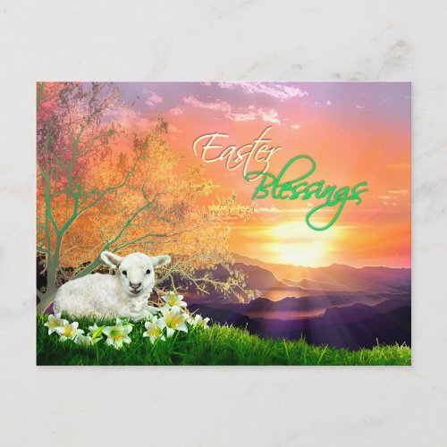 Easter Lamb and Sunrise with Easter Lilies Holiday Postcard