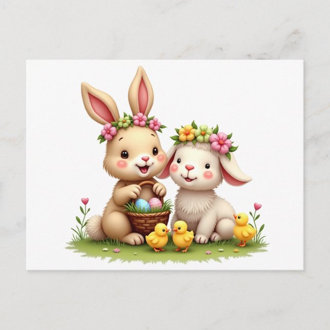 Easter Lamb & Bunny | Spring Flowers & Chicks Cute Holiday Postcard (Front)