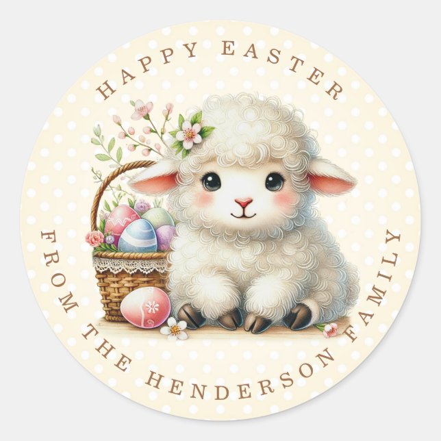 Easter Lamb Personalized Name Round Stickers (Front)
