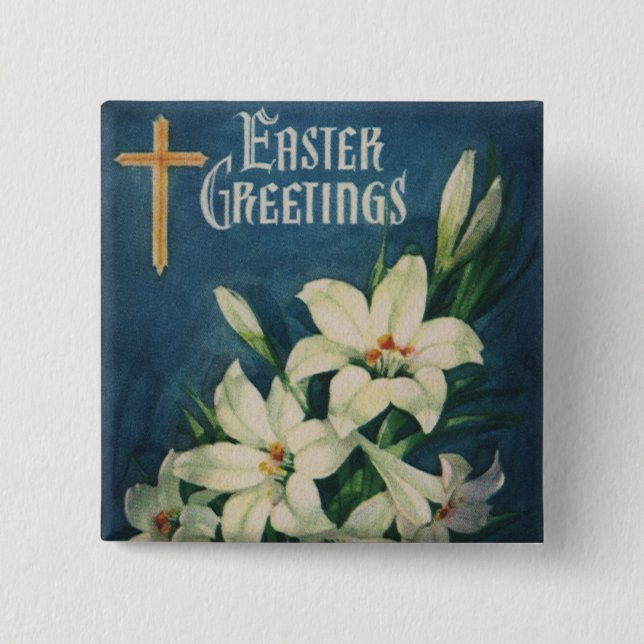 Easter Lilies Flowers, Vintage Religious Easter Button (Front)