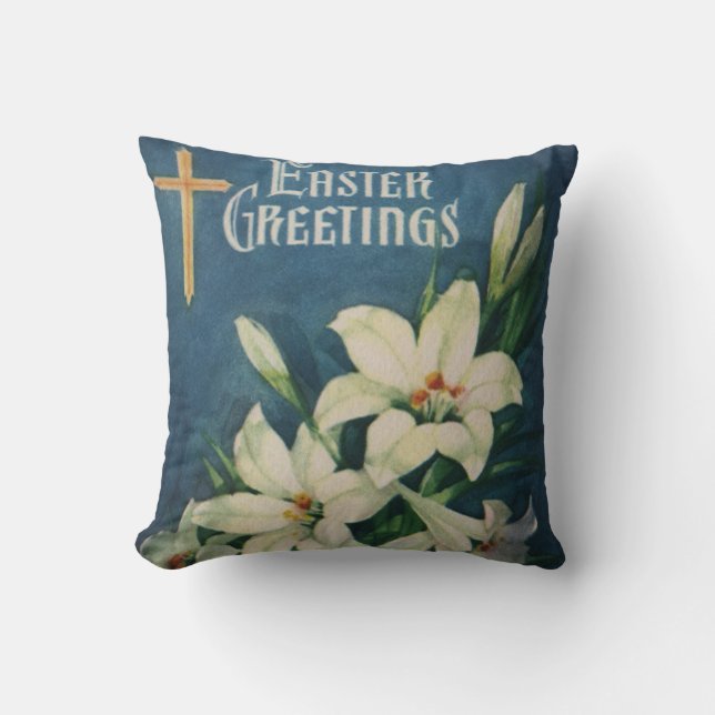 Easter Lilies Flowers, Vintage Religious Easter Throw Pillow (Front)