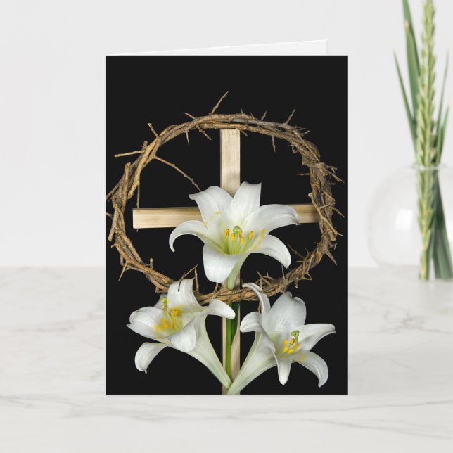Easter lilies on cross with crown card (Front)