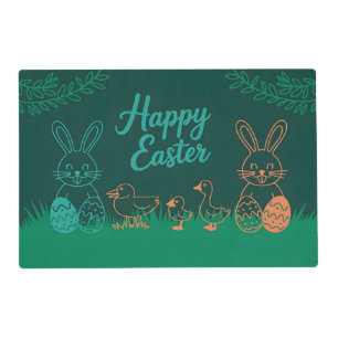 Easter Line Illustration with Bunnies and Chicks Placemat