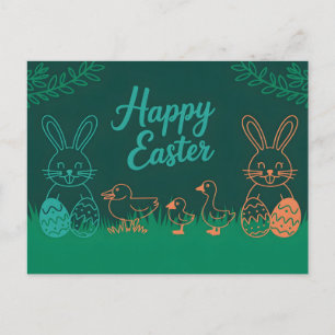 Easter Line Illustration with Bunnies and Chicks Postcard
