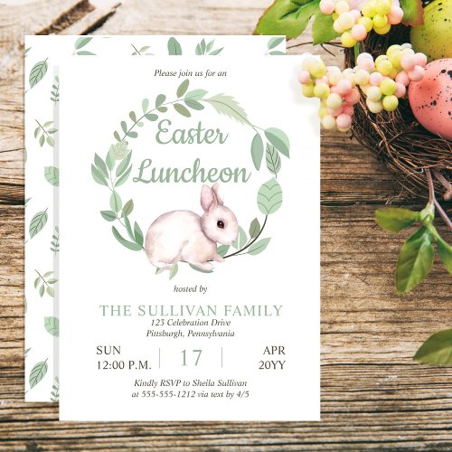 Easter Luncheon Bunny Rabbit Sage Floral Wreath  Invitation